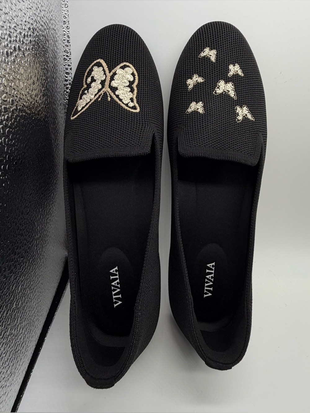 Vivaia Black/metalic Butterfly Slip-On Embroidered Flats size 39.5 (8.5 US) NEW
